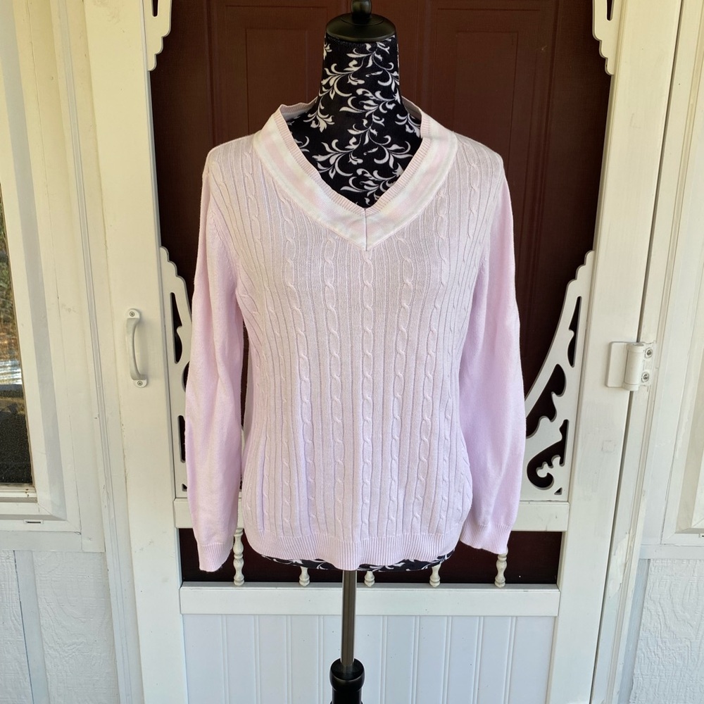 White Stag Women's Sporty Preppy V-Neck Cable Knit Long Sleeve Sweater Large